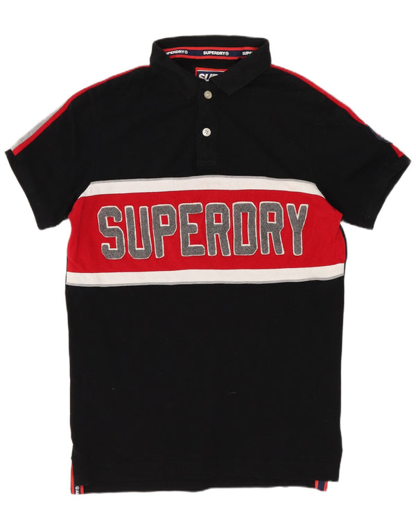 SUPERDRY Mens Graphic Polo Shirt Medium Black Colourblock Cotton