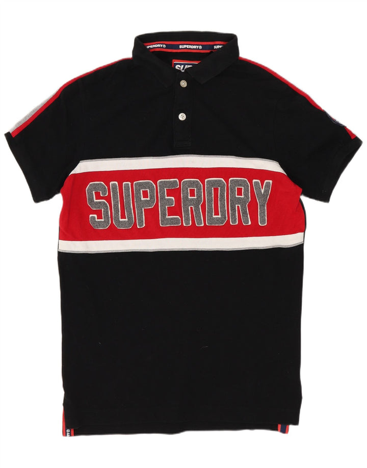 SUPERDRY Mens Graphic Polo Shirt Medium Black Colourblock Cotton
