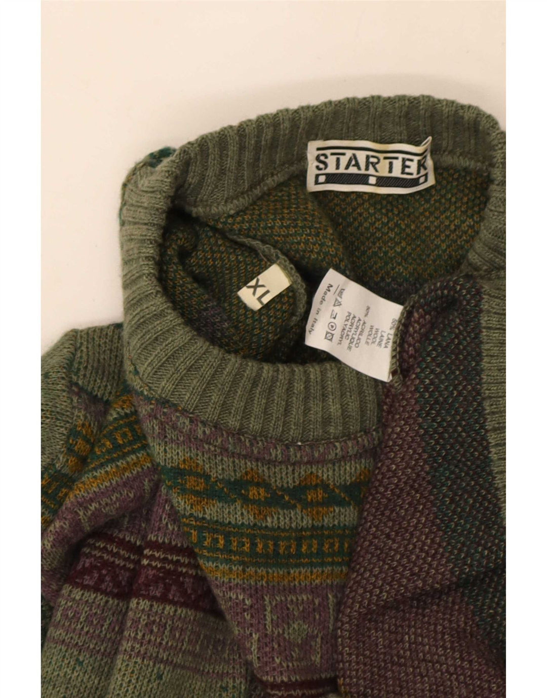 Starter Mens Crew Neck Jumper Sweater XL Green Geometric Wool