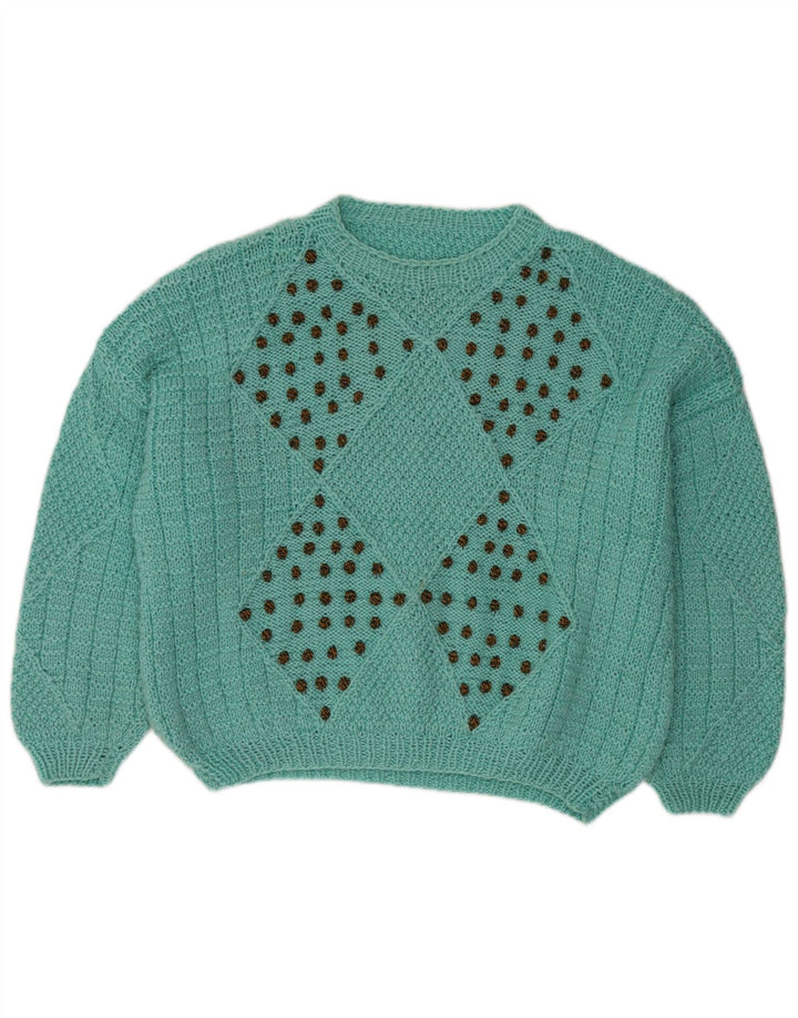 VINTAGE Womens Crew Neck Jumper Sweater UK 18 XL Turquoise Argyle/Diamond