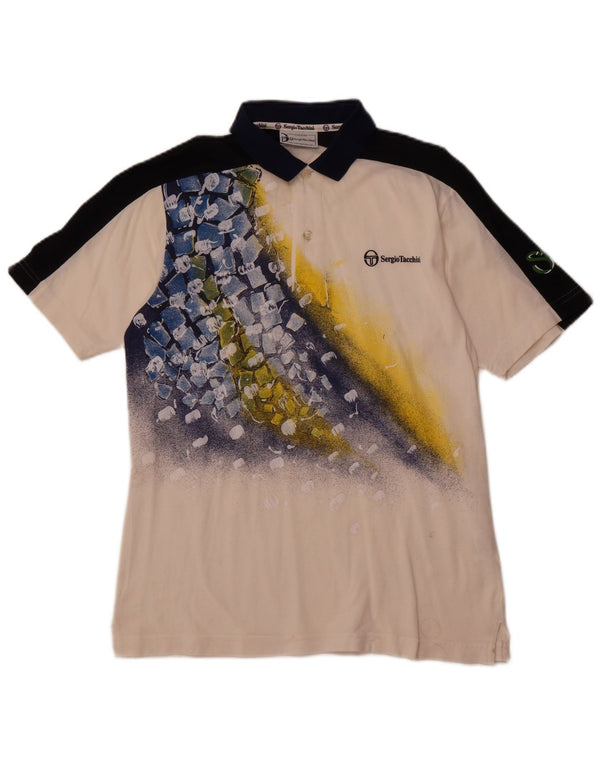 SERGIO TACCHINI Mens Graphic Polo Shirt Small White Colourblock Cotton