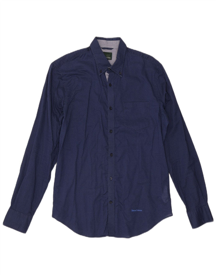HENRY COTTONS Mens Shirt Size 39 Medium Navy Blue Spotted Cotton
