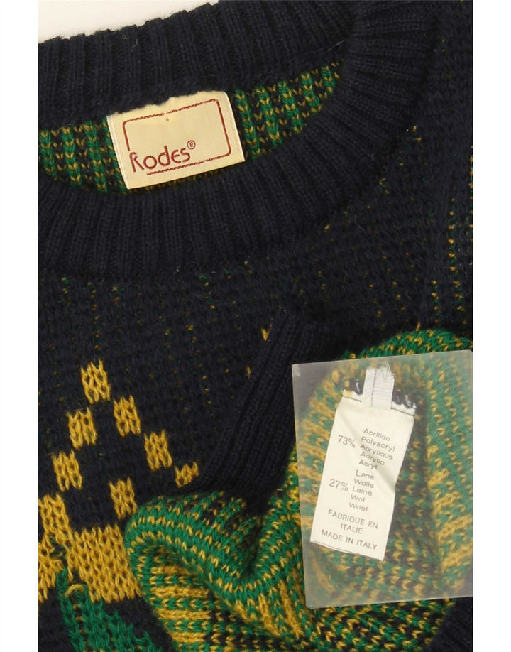 Rodes Mens Crew Neck Jumper Sweater Medium Navy Blue Geometric Acrylic