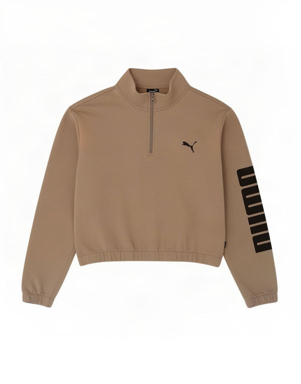 Puma Womens Crop Graphic Zip Neck Sweatshirt Jumper UK 18 XL Beige Cotton