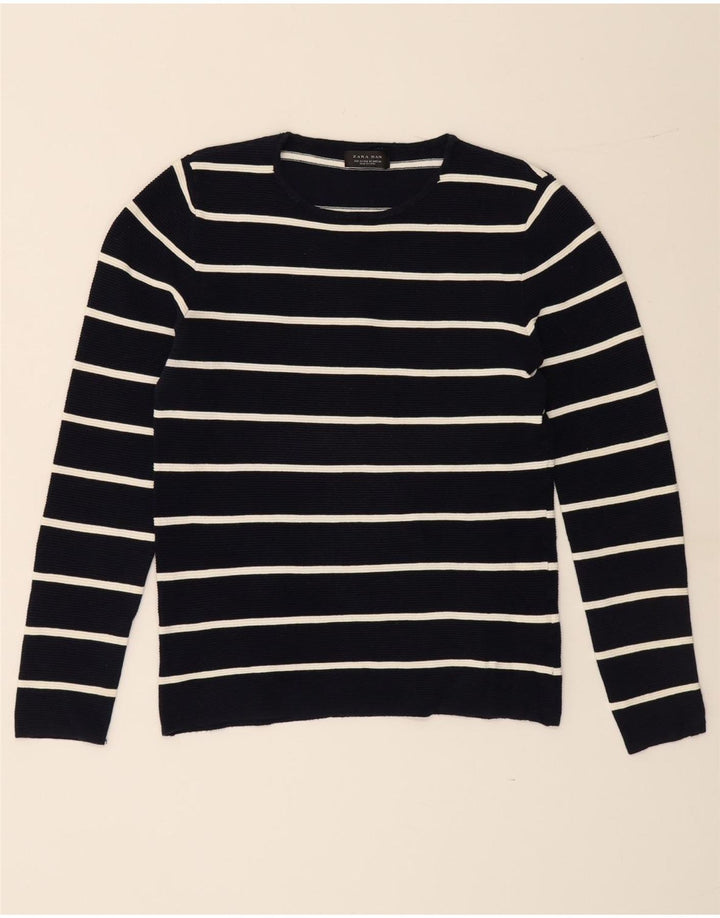 ZARA Mens Crew Neck Jumper Sweater Medium Navy Blue Striped Cotton
