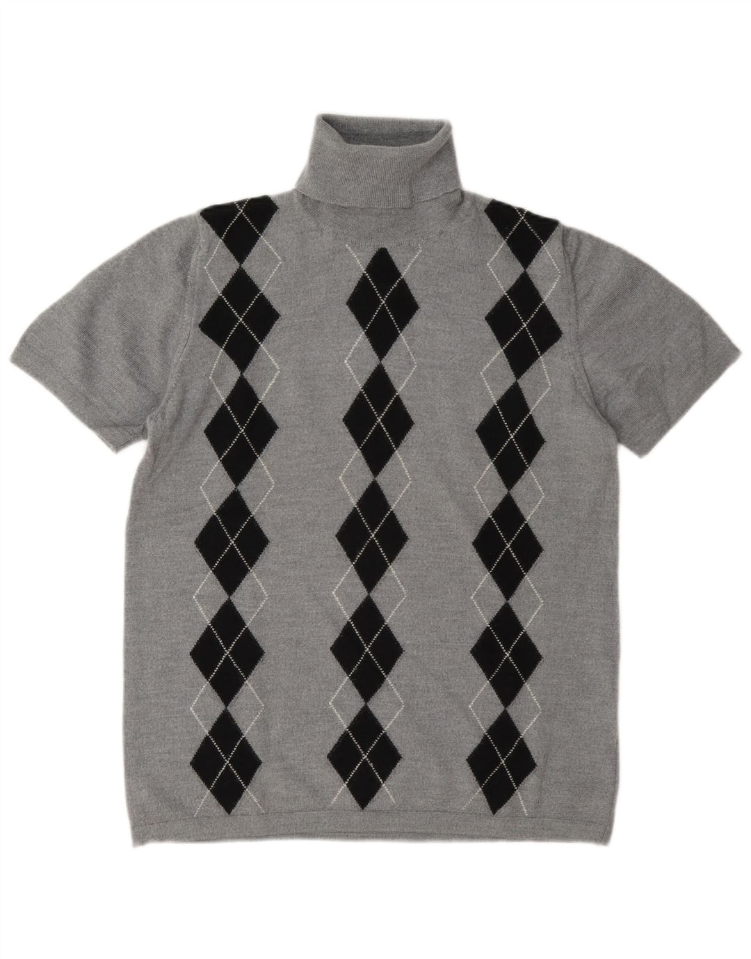 Vintage Womens Roll Neck Jumper Sweater UK 14 Medium Grey Argyle/Diamond