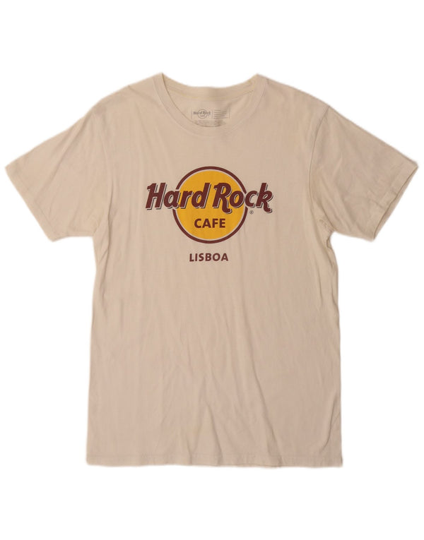 Hard Rock Cafe Mens Lisboa Graphic T-Shirt Top Medium Off White Cotton