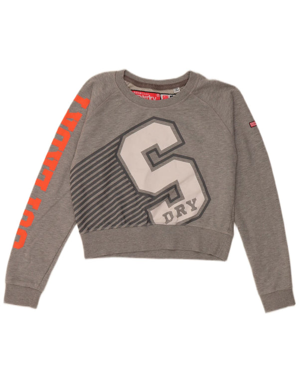 Superdry Womens Graphic Crop Sweatshirt Jumper UK 10 Small Grey Cotton