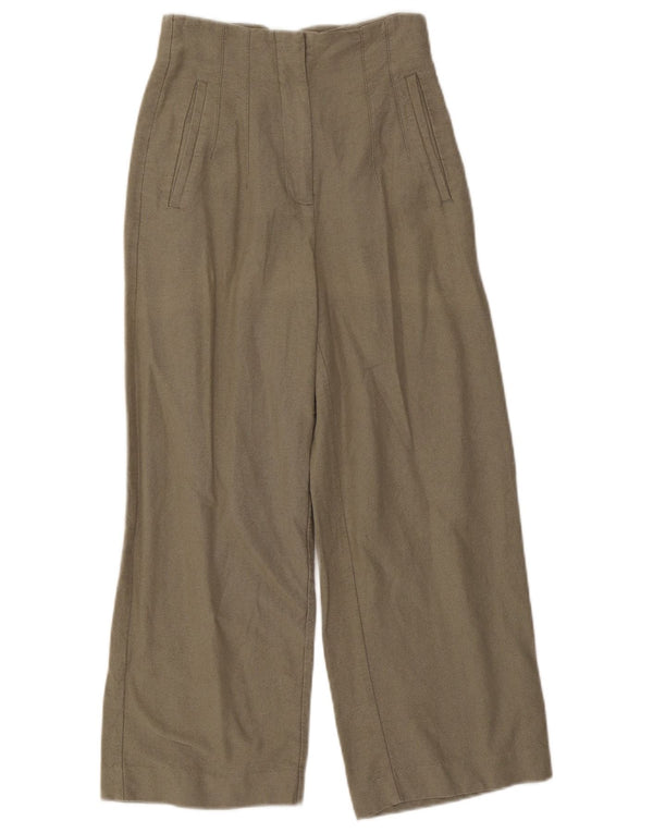 Zara Womens High Waist Wide Leg Cropped Trousers XS W24 L25 Khaki Cotton