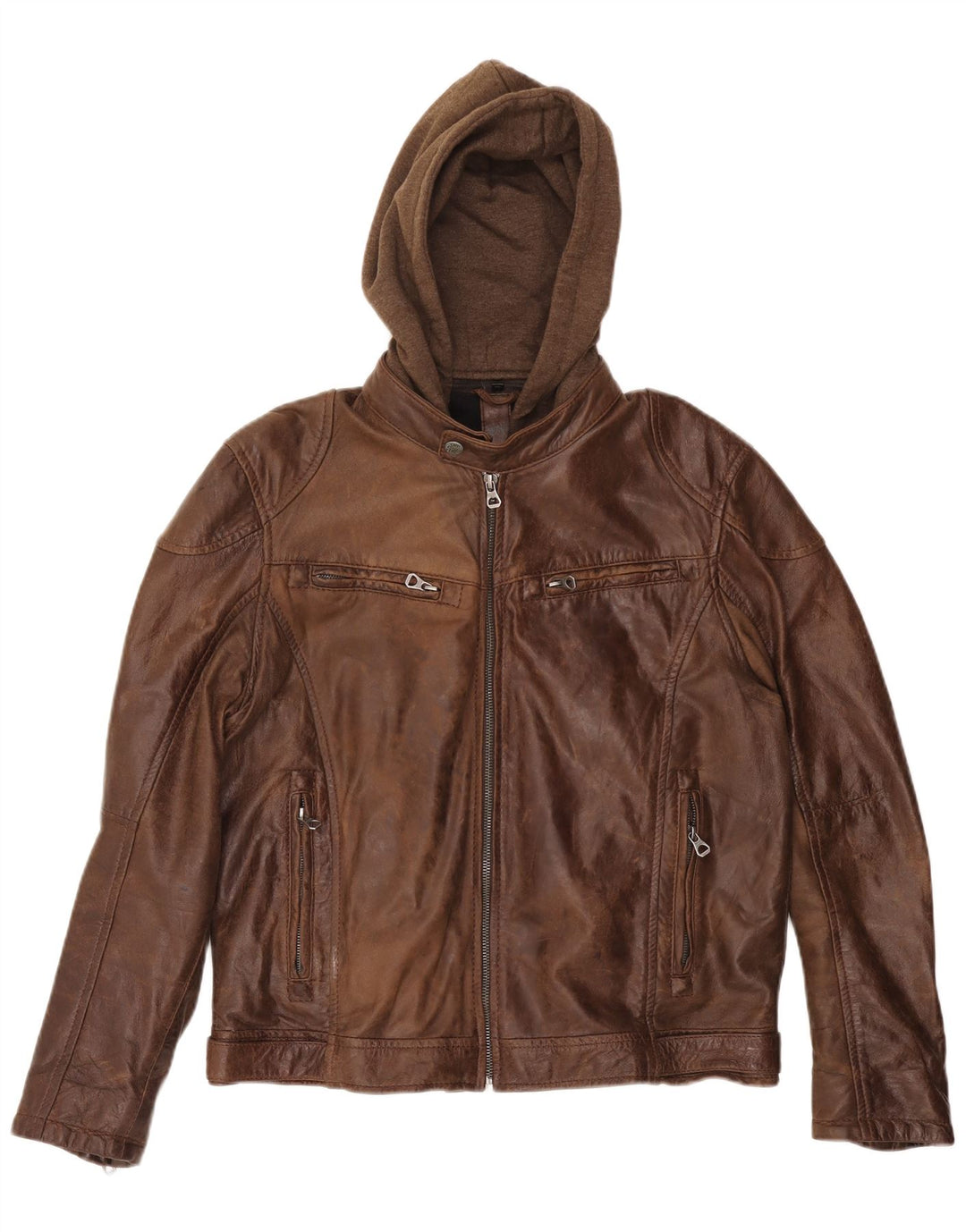 GIPSY Womens Oversized Hooded Leather Jacket UK 20 2XL Brown Leather