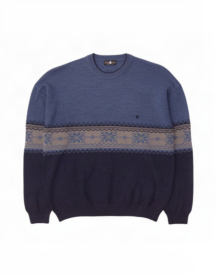 White Sails Mens Crew Neck Jumper Sweater Large Blue Fair Isle Wool