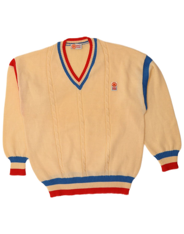 Enrico Coveri Mens V-Neck Jumper Sweater UK 40 Medium Off White Colourblock