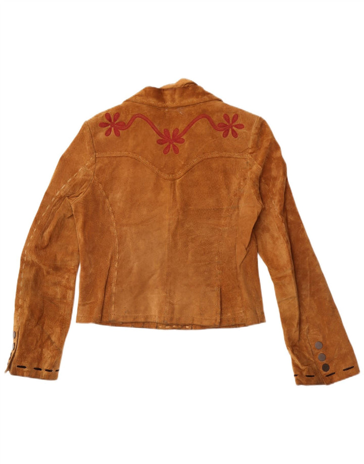 Conbipel Womens Crop Suede Jacket IT 46 Large Brown Floral Leather