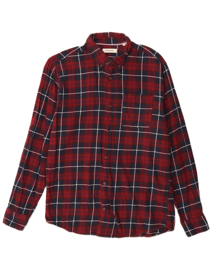 JACK & JONES Mens Flannel Shirt Large Burgundy Check Cotton
