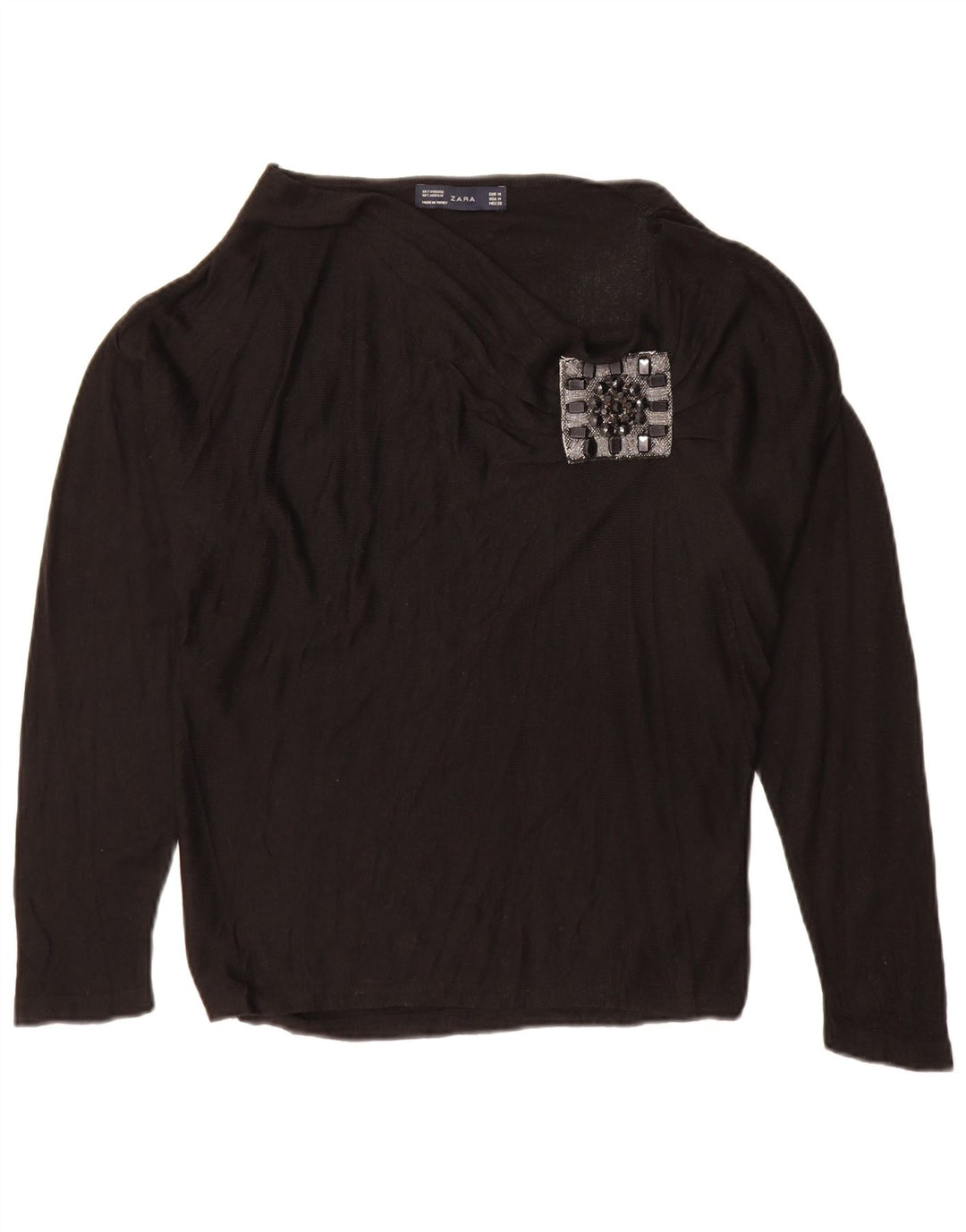 Zara Womens Top Long Sleeve UK 14 Medium Black Viscose