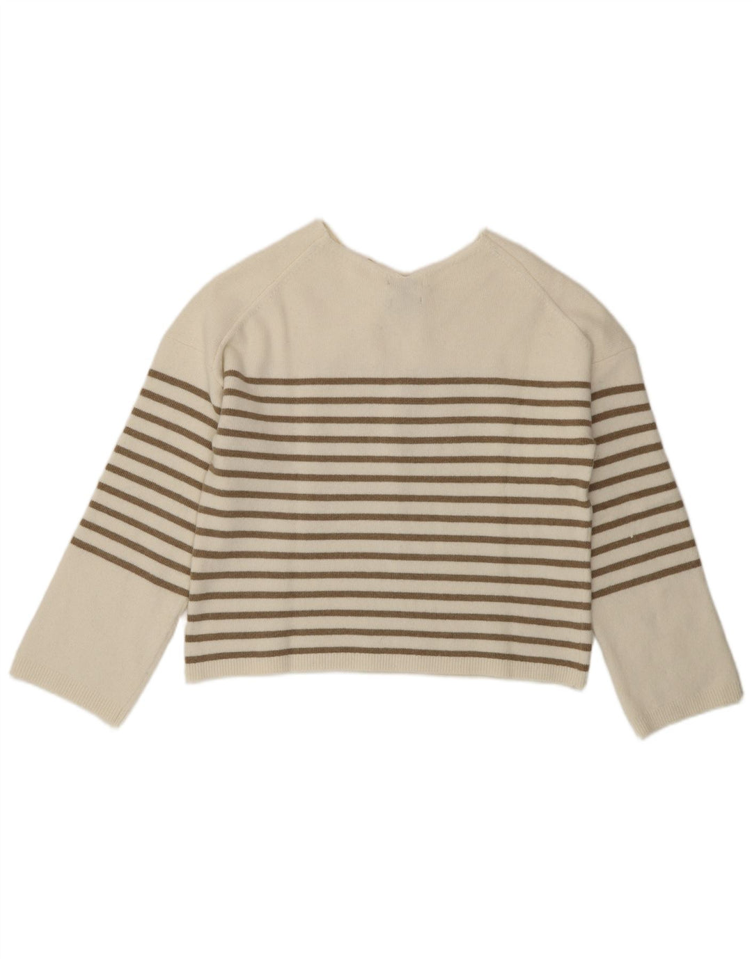 MASSIMO DUTTI Womens Crop V-Neck Jumper Sweater UK 10 Small White Striped