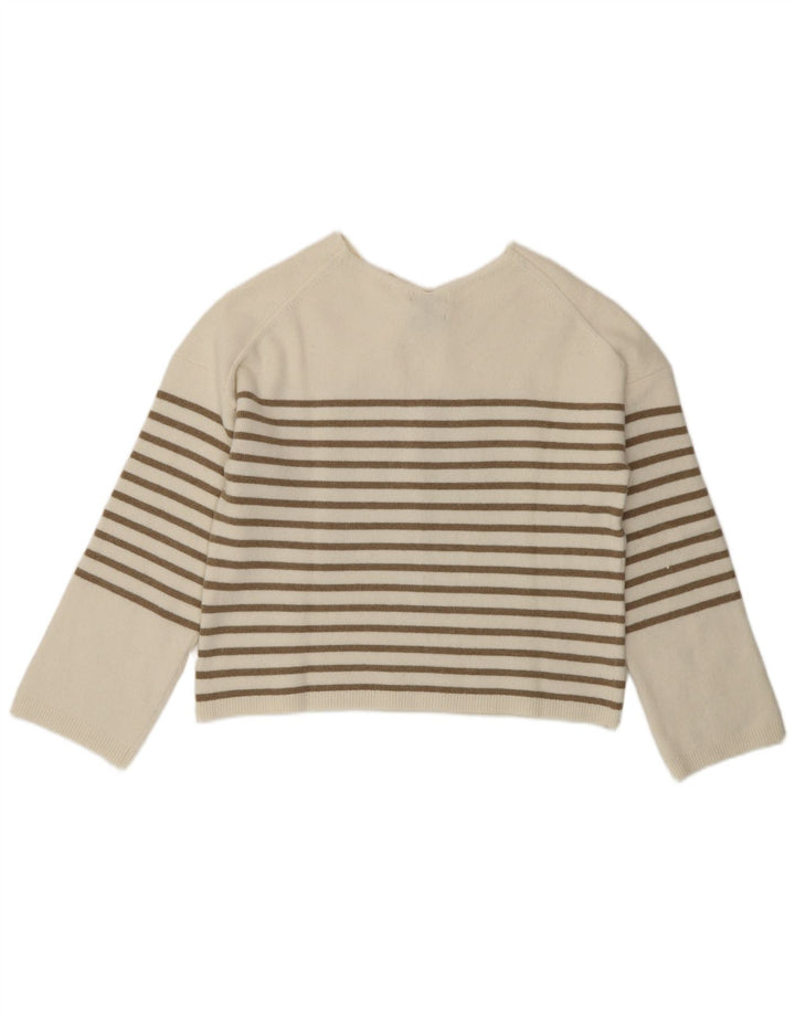 MASSIMO DUTTI Womens Crop V-Neck Jumper Sweater UK 10 Small White Striped