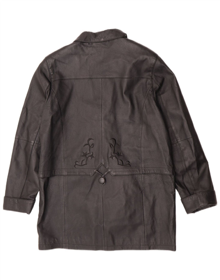 Vintage Womens Leather Coat US 12 Large Black Floral Leather