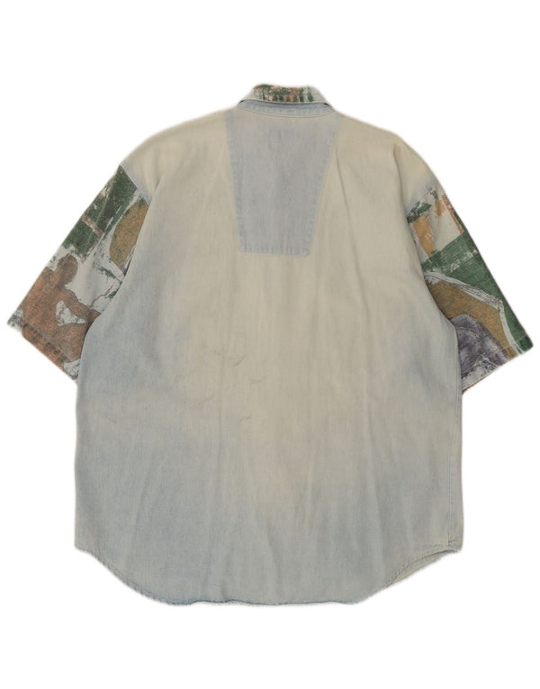 Vintage Mens Short Sleeve Denim Shirt Large Blue Patchwork Retro
