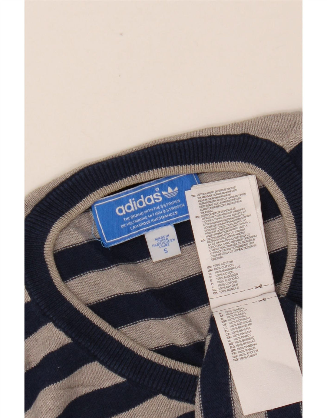 ADIDAS Mens V-Neck Jumper Sweater Small Navy Blue Striped Cotton