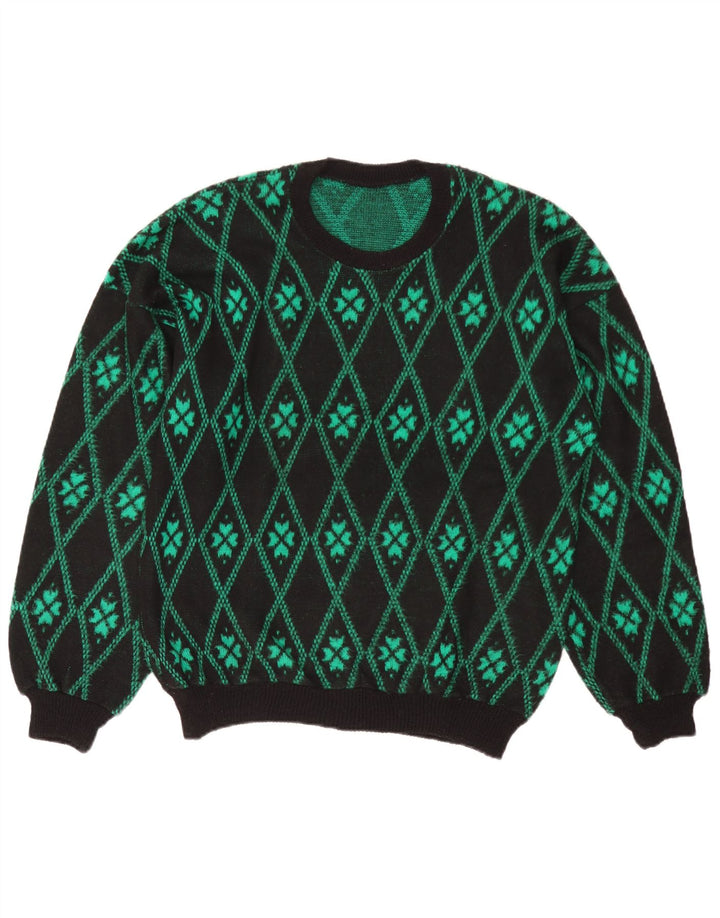Vintage Mens Crew Neck Jumper Sweater Medium Green Argyle/Diamond