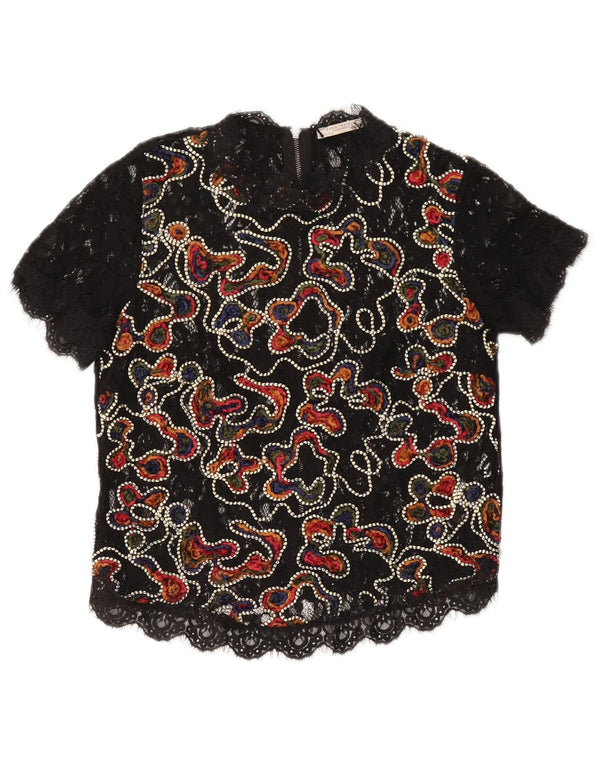 ZARA Womens See Through Lace Blouse Top UK 10 Small Black Floral Nylon