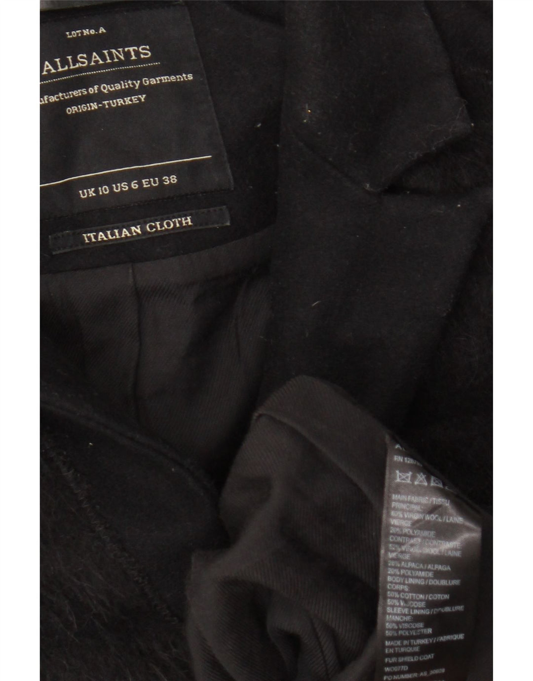 All Saints Womens Overcoat UK 10 Small Black Striped Virgin Wool