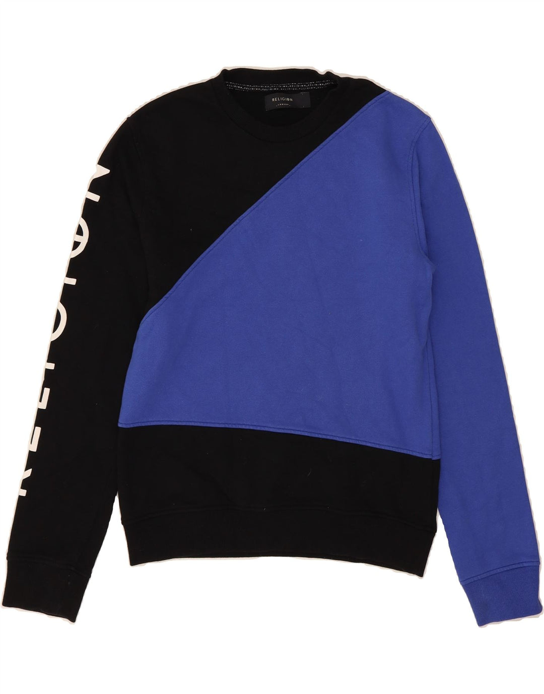 RELIGION Mens London Graphic Sweatshirt Jumper Medium Blue Colourblock Vintage Religion and Second-Hand Religion from Messina Hembry 