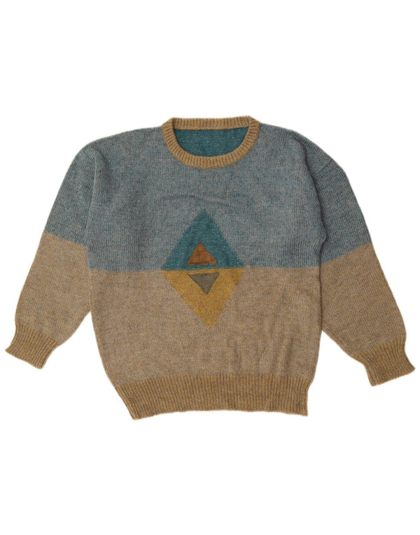 Vintage Mens Graphic Crew Neck Jumper Sweater Medium Blue Colourblock