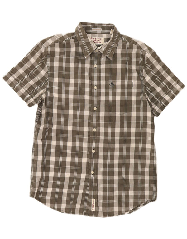 Penguin Mens Heritage Short Sleeve Slim Fit Shirt Medium Khaki Check Cotton