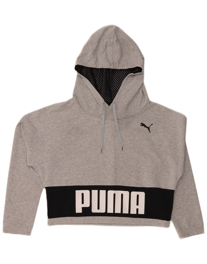 PUMA Womens Oversized Crop Hoodie Jumper UK 12 Medium Grey Colourblock