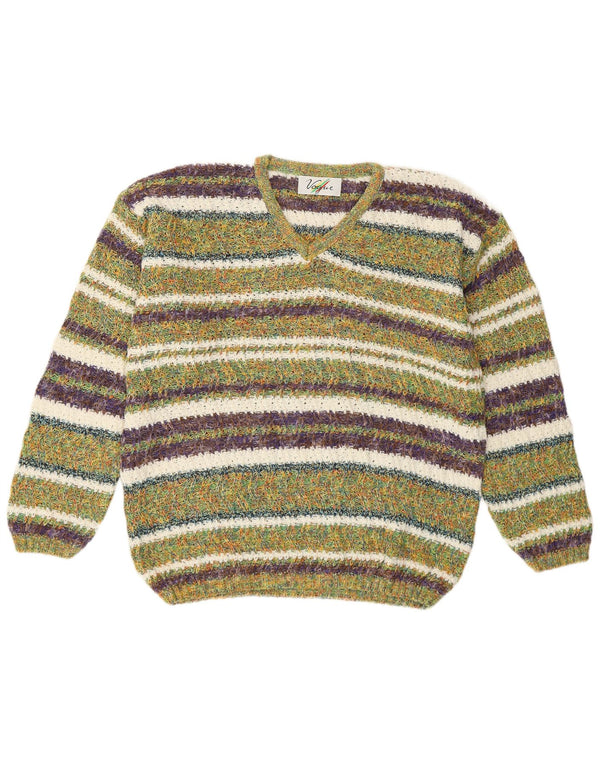 Vogue Womens V-Neck Jumper Sweater UK 14 Medium Green Striped Cotton