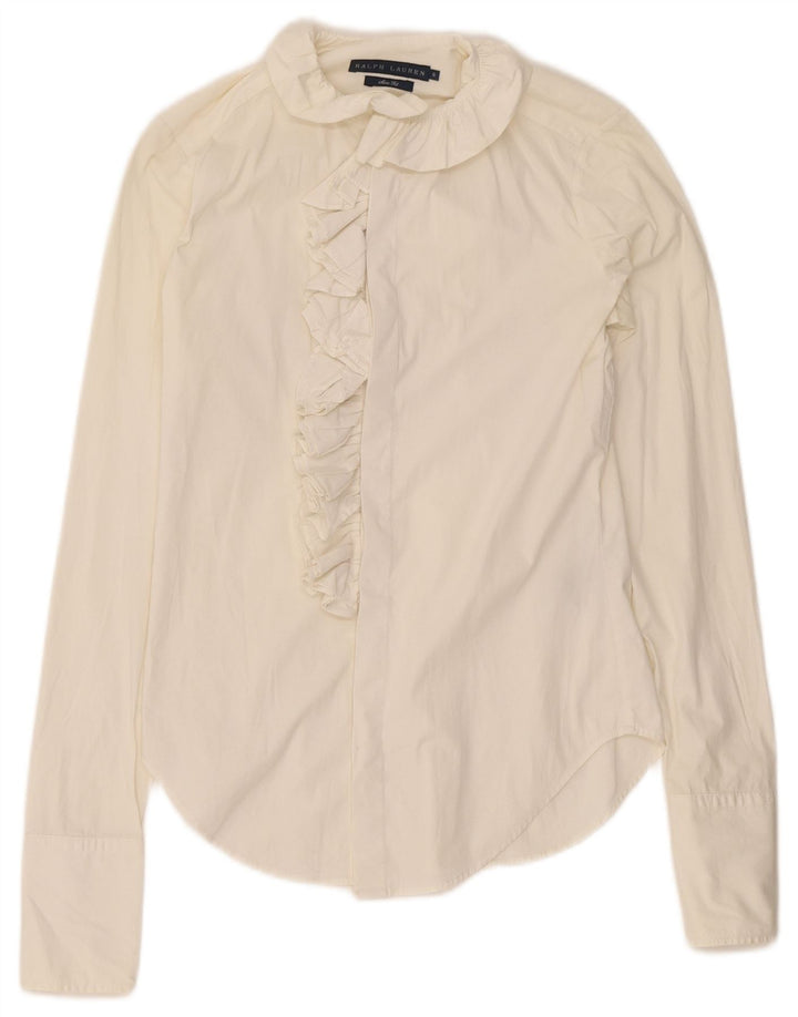 Ralph Lauren Womens Ruffle Front Shirt US 6 Medium White Cotton