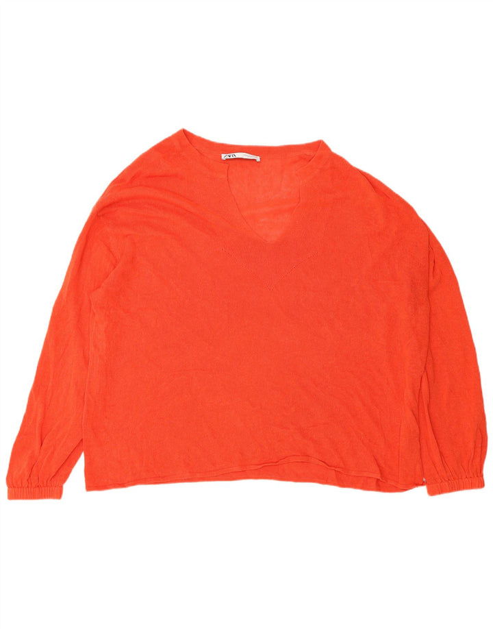 Zara Womens Oversized V-Neck Jumper Sweater UK 14 Medium Orange