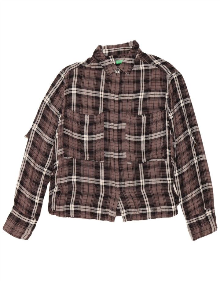 BENETTON Womens Oversized Flannel Shirt UK 10 Small Brown Check Viscose
