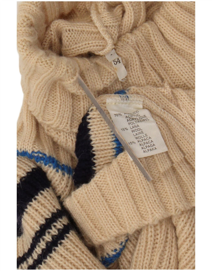 VINTAGE Womens Roll Neck Jumper Sweater UK 12 Medium Beige Striped Acrylic
