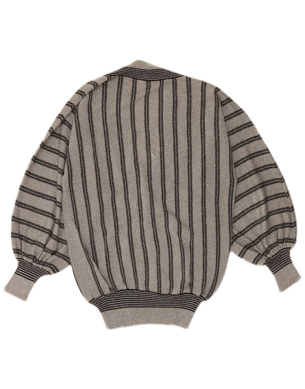 VINTAGE Womens V-Neck Jumper Sweater UK 12 Medium Grey Striped Synthetic