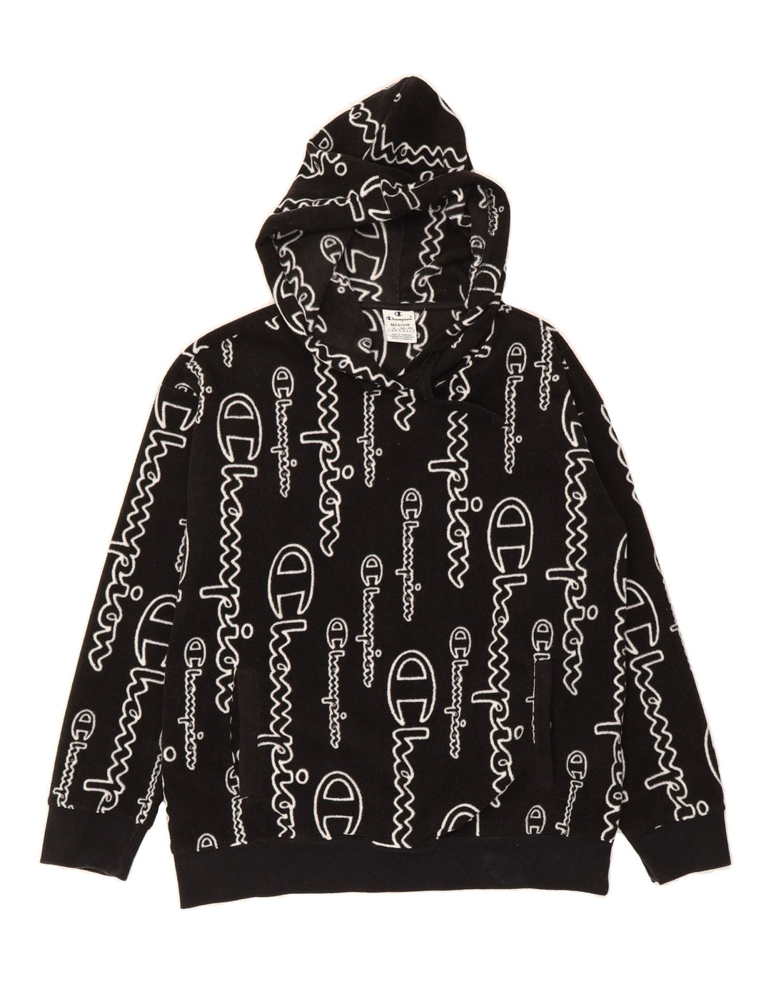 CHAMPION Mens Graphic Hooded Fleece Jumper Medium Black Polyester Vintage Champion and Second-Hand Champion from Messina Hembry 