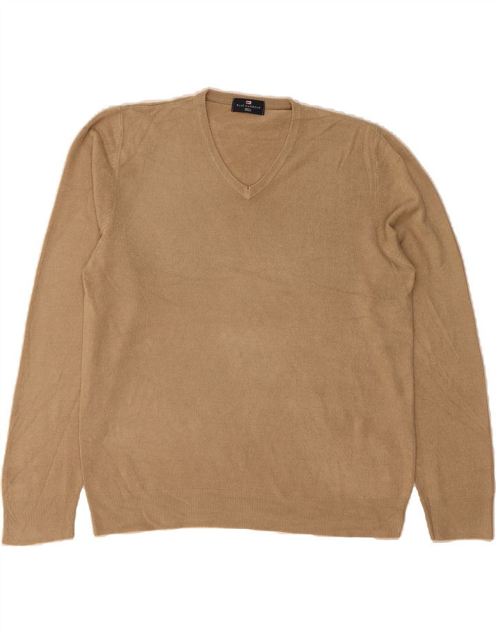 MARKS & SPENCER Mens V-Neck Jumper Sweater Large Beige Acrylic Vintage Marks & Spencer and Second-Hand Marks & Spencer from Messina Hembry 