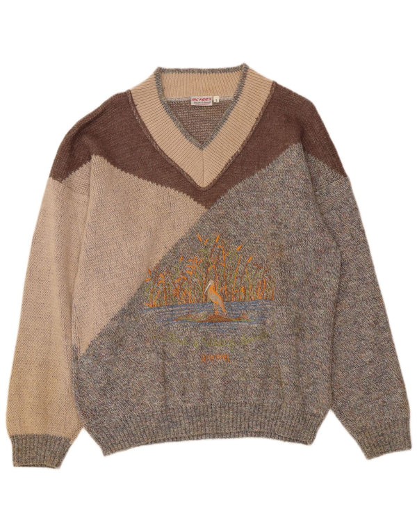 MC Kee's Mens Graphic V-Neck Jumper Sweater Small Grey Colourblock Acrylic