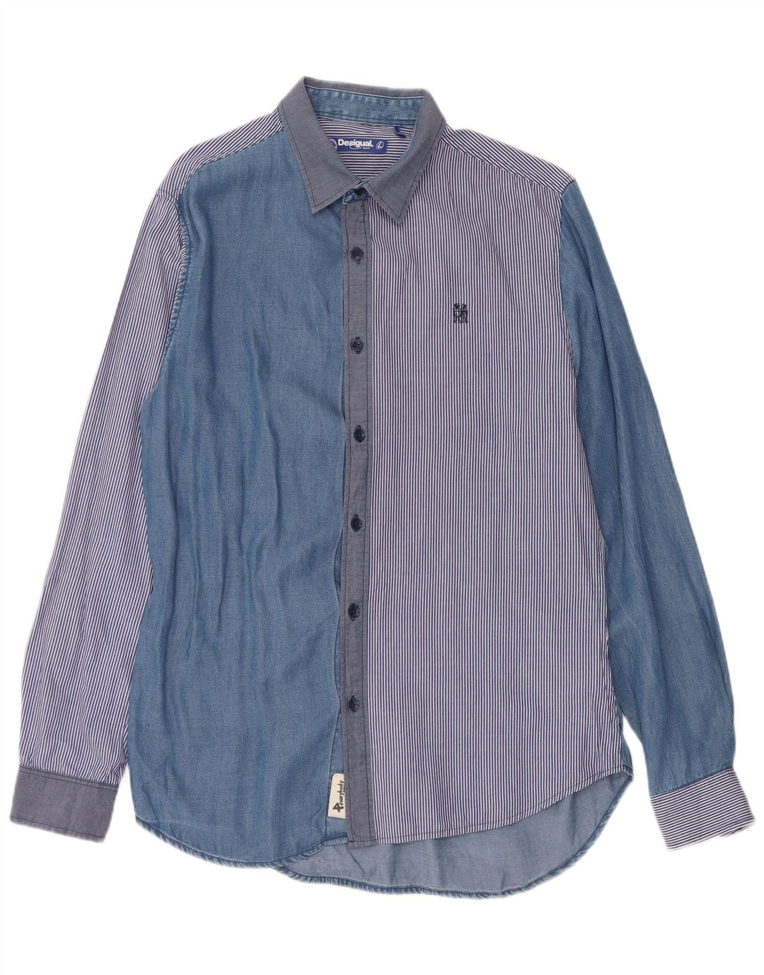 Desigual Mens Shirt Large Blue Patchwork Lyocell