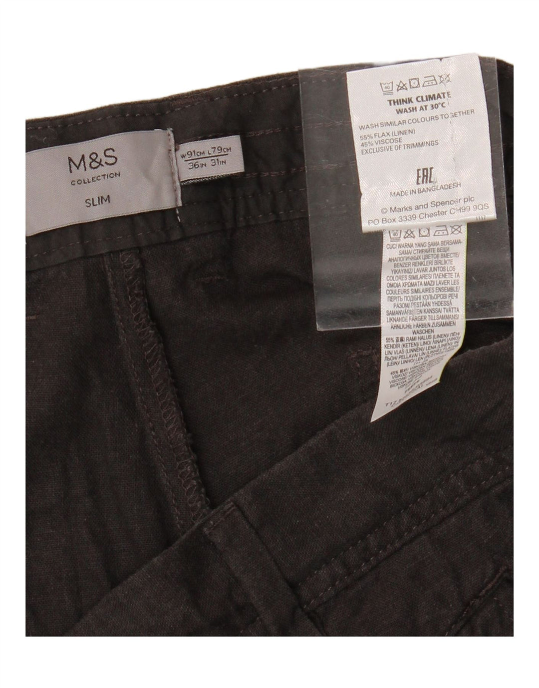 MARKS & SPENCER Mens Slim Chino Trousers W36 L25 Grey Linen