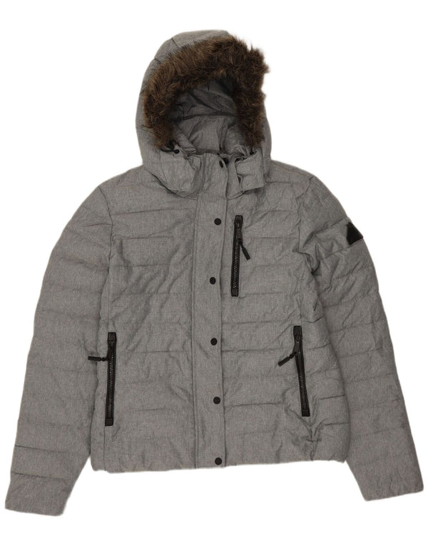 SUPERDRY Womens Hooded Padded Jacket UK 14 Large Grey Polyester