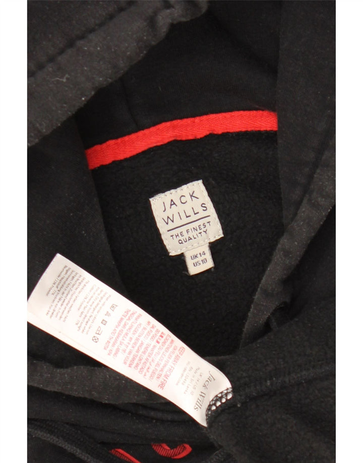 JACK WILLS Womens Graphic Hoodie Jumper UK 14 Large Black Cotton