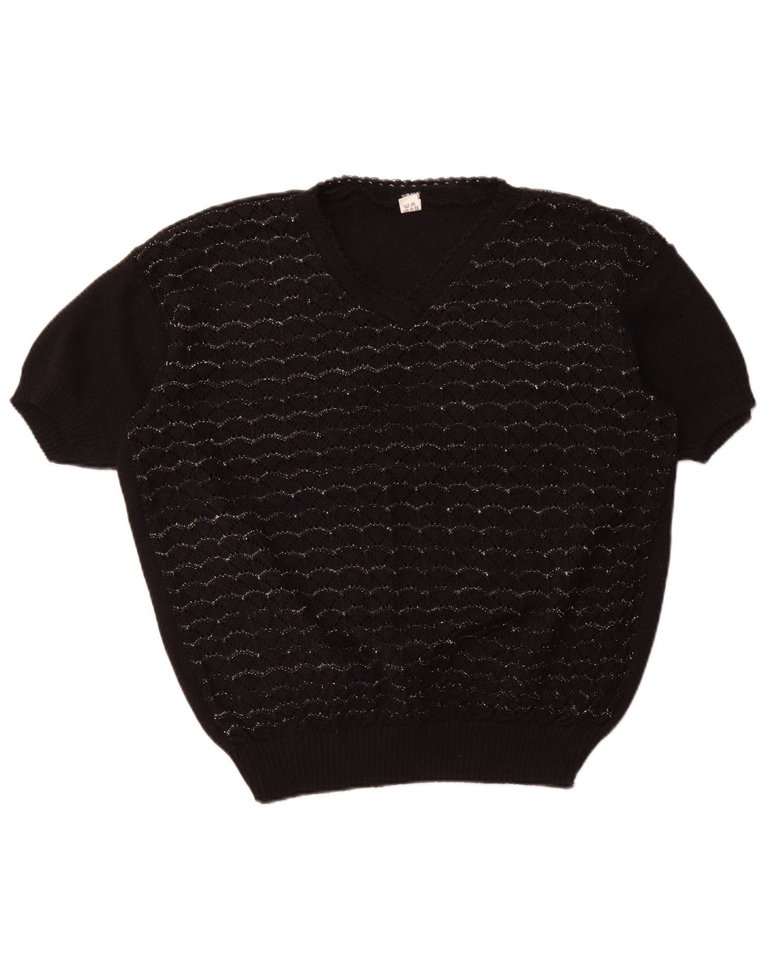 VINTAGE Womens Short Sleeve V-Neck Jumper Sweater UK 18 XL Black Striped