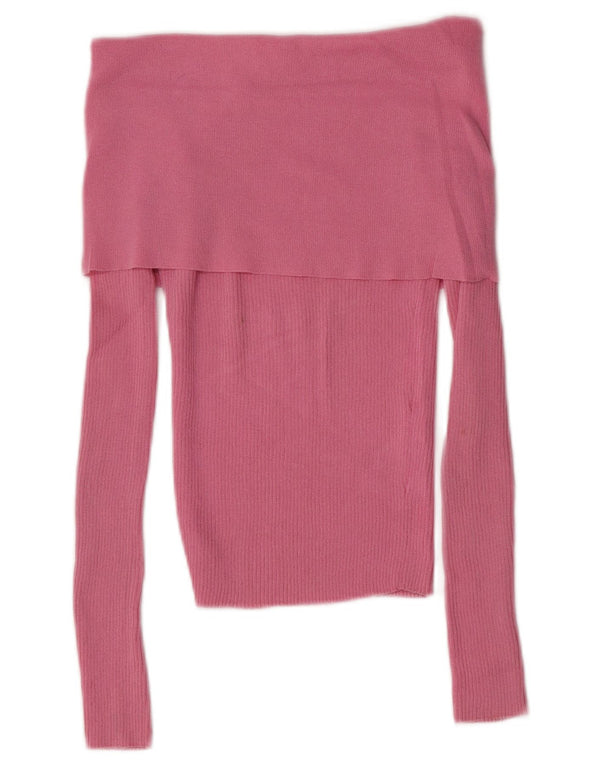 Zara Womens Long Sleeve Crop Off Shoulder Top UK 12 Medium Pink Viscose