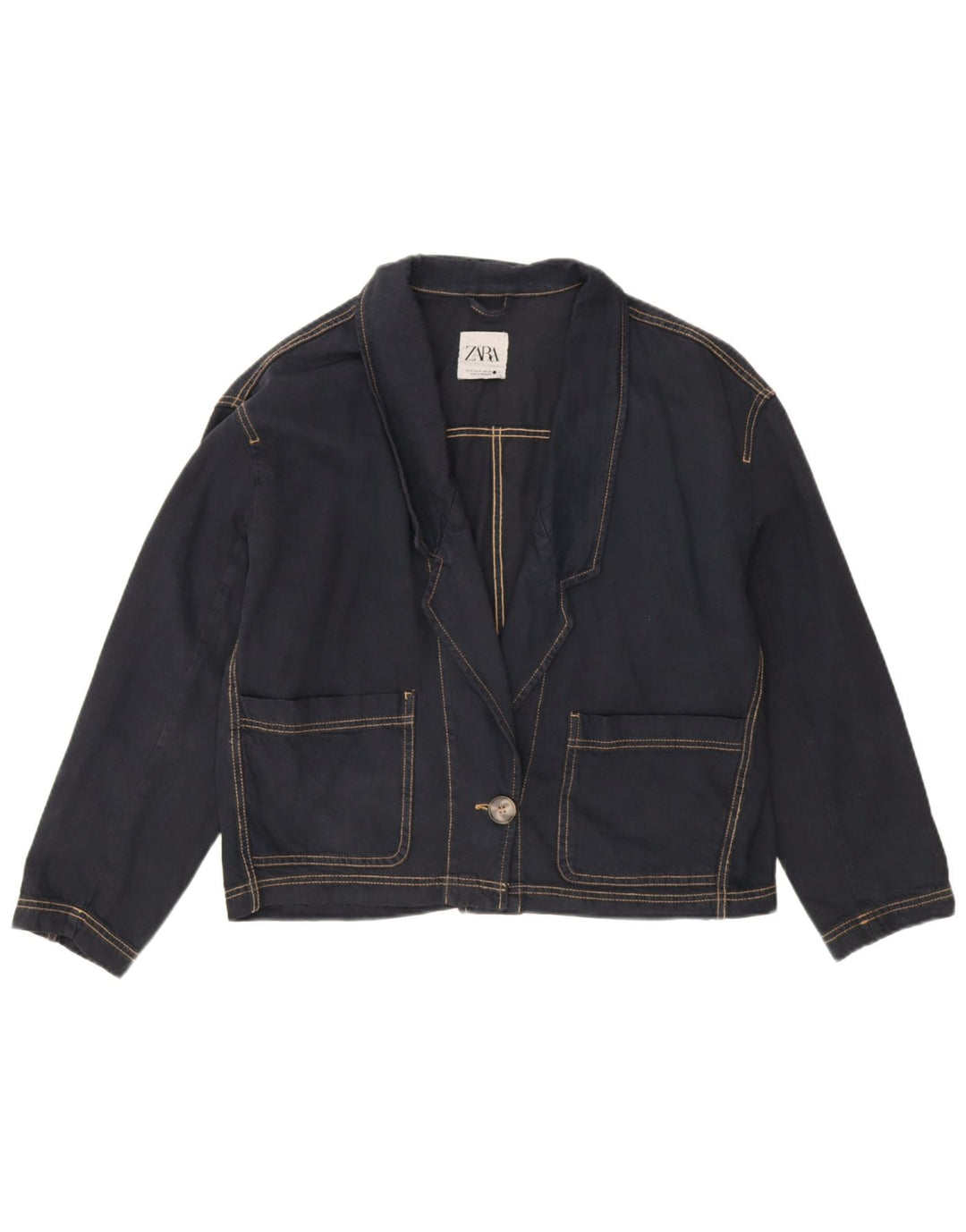 Zara Womens Oversized 1 Button Denim Blazer Jacket UK 14 Medium Navy Blue