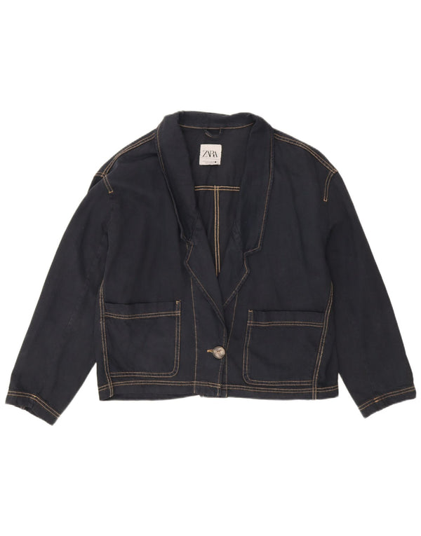 Zara Womens Oversized 1 Button Denim Blazer Jacket UK 14 Medium Navy Blue