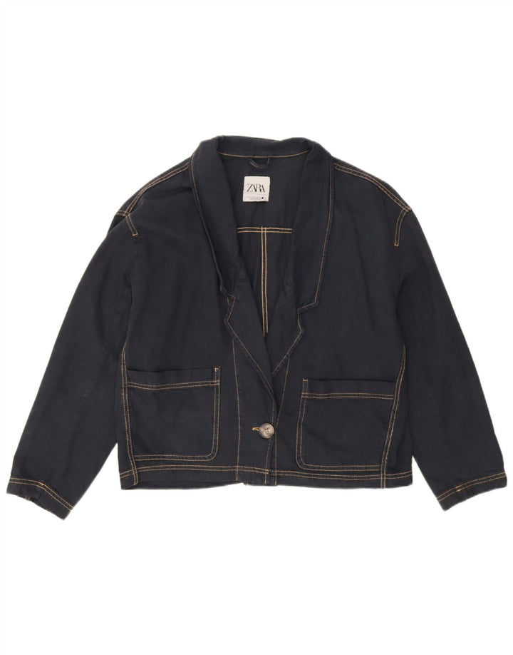Zara Womens Oversized 1 Button Denim Blazer Jacket UK 14 Medium Navy Blue