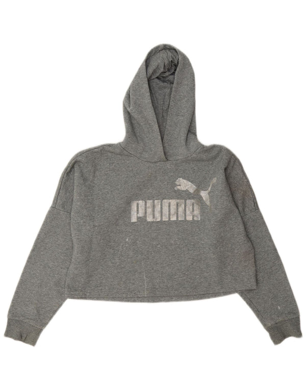 Puma Girls Crop Graphic Hoodie Jumper 11-12 Years Grey Flecked Cotton